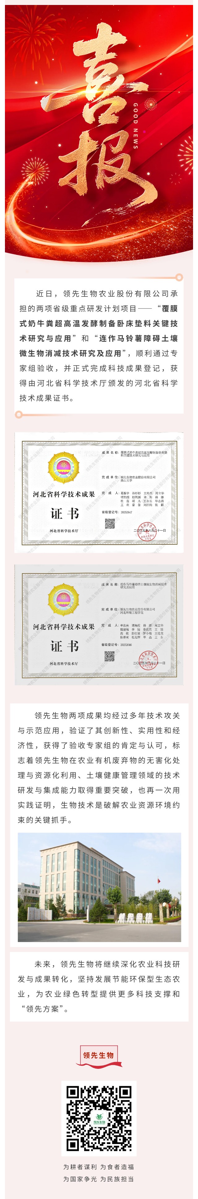 【喜訊】領先生物斬獲兩項省級科技成果！